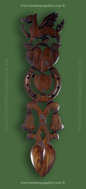 Huw Jones Welsh Lovespoon Large Dragon Dark Wood Finish