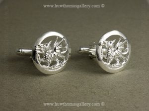 Round Welsh Dragon Cufflinks ( Silver Finish )