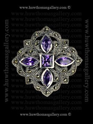 Silver Marcasite Brooch – Amethyst Coloured Stones